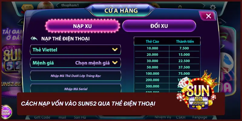 Cách nạp vốn vào SUN52 qua thẻ điện thoại