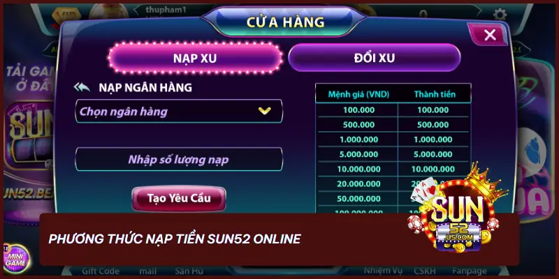 Phương thức nạp tiền SUN52 online