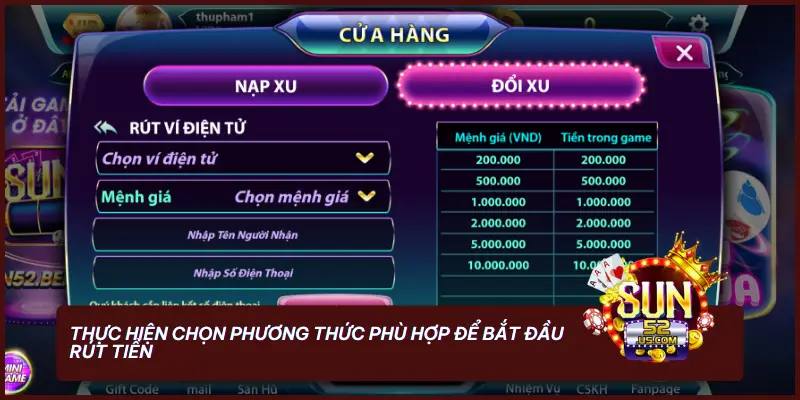 Thực hiện chọn phương thức phù hợp để bắt đầu rút tiền